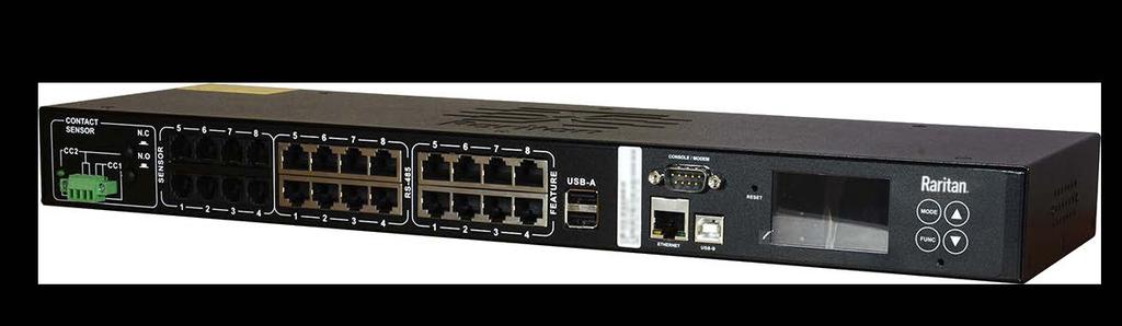 ports, 8 RJ-45 feature ports for AMS, 8 RJ-45 RS-485 ports, 2 USB-A ports, 1 USB-B port, 1 RJ-45 Ethernet port, 1 DB-9M console/modem, 2 contact closure, LCD display ENVIRONMENTAL SENSORS