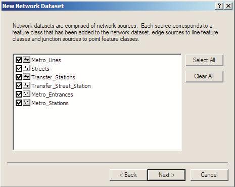 9. Click Select All to select all the feature classes to participate as sources in the network. 12. Click the Group Column up-arrow once, to increase the number of connectivity groups to 2.