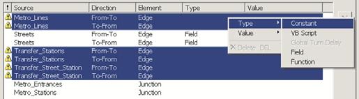 The values for the Streets source are populated automatically by Network Analyst. Other edge sources have no values assigned and have the warning symbol.