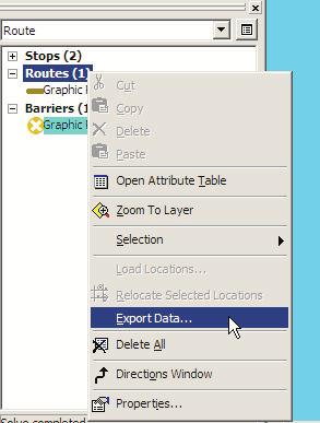 Saving the best route 1. Right-click Routes (1) on the Network Analyst Window and click Export Data. 6.
