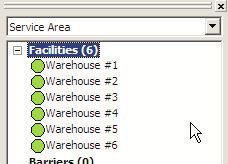 Click the plus (+) sign next to Facilities (6) in the Network Analyst Window to show the list of six facilities.