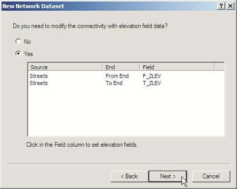 If ArcGIS Network Analyst finds elevation fields data in your shapefile, it automatically chooses the Yes radio button and assigns the appropriate fields.