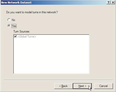 9. Click Yes to model turns in the network. 10. Click Next to continue. Network attributes are properties of the network that are used to control navigation.