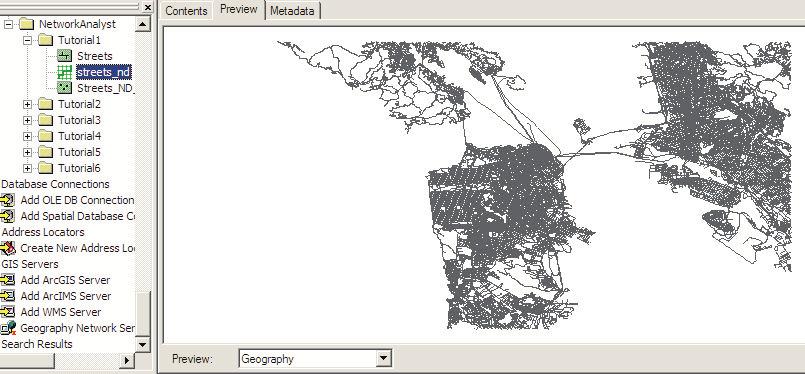 The shapefile based network, Streets_ND, is added to ArcCatalog along with the system junctions shapefile Streets_ND_Junctions. 16.