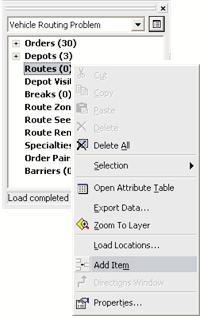 Three depots are listed in the Network Analyst Window under the Depots network analysis class and are displayed as Depots on the map in the Vehicle Routing Problem layer.