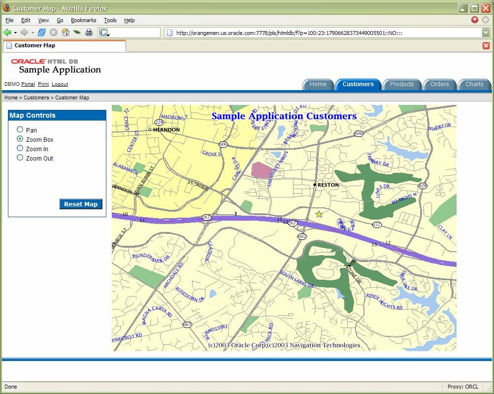 An Oracle Application Express application integrated with Oracle MapViewer. Users can pan, zoom in and out and draw a zoom box directly in a web browser, without and Java on the client.