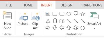 Insert Shapes To create a shape in PowerPoint : 1. Click the Insert tab 2. Click the shape you desire from the Illustrations group. 3.