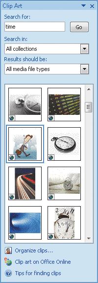MODULE 2 Key Applications 5. In the Search for text box, select any existing text, enter time, and then click Go. PowerPoint searches for all clip art related to this word.