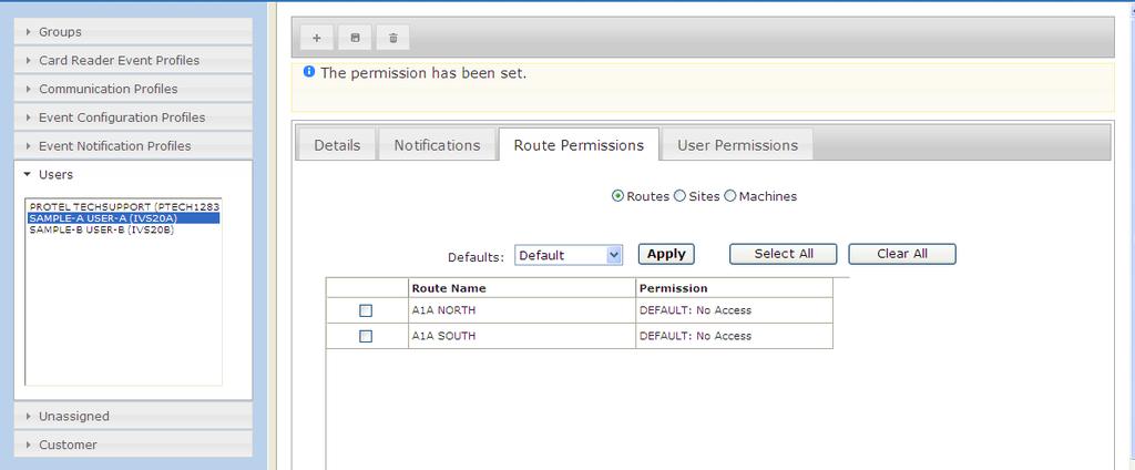 User permissions can be edited at a later time if desired. See Setting Up User Rights for details pertaining to the assignment of operator rights at the route / site / and/or machine level.