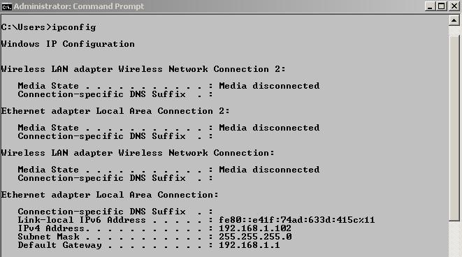 1-3. Once In the command prompt you will type ipconfig and press enter to find the IP information of your LAN (your IP address, Subnet mask, IP address of your router) Make sure you write down your