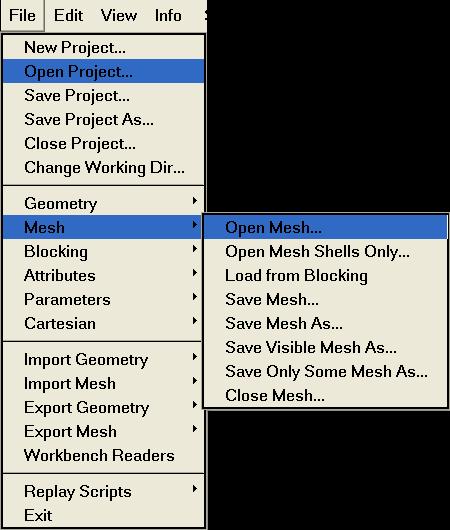 File menu To open/save/close Projects Will open/save/close all associated files including Geometry (*.tin) Mesh (*.