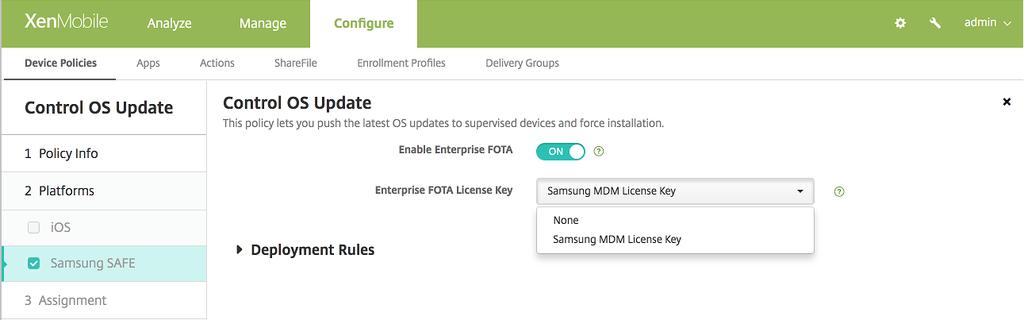 Configure these settings: Enable Enterprise FOTA: Set to On. Enterprise FOTA License Key: Select the Samsung MDM License Key policy name that you created in Step 1. 3.