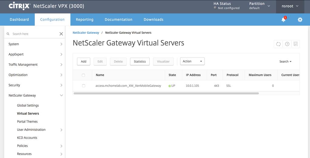 Validate that the NetScaler Gateway Virtual Server shows a
