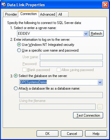 7 Select the proper Server with Windows NT Integrated security if using SQL Server Desktop.