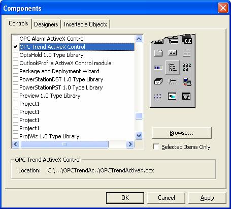 4 Select OPC Trend ActiveX Control from the list of Controls 5 From the ToolBox select the OPC Trend ActiveX Control icon and add the trend to any Form.