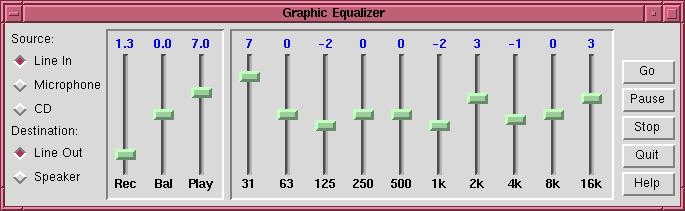 For the implementation, we developed a parametric biquad and enhanced the Ptolemy audio I/O capabilities and Tcl/Tk interface. Figure 7.1 Ten-band Graphic Equalizer Figure 7.