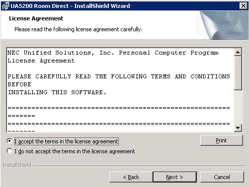 Installing Room Direct 2-3 Figure 2-2 Room Direct - InstallShield Wizard - License Agreement Step 4 Read or print the license agreement information listed.