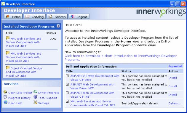 Exploring the Developer Interface 2-3 The Content area When you launch the Developer Interface, the Content area of the Home view displays a list of assigned and partially installed Developer