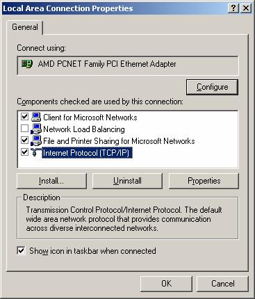 254 excluding 241. 5. Click OK, and then restart the system. Windows 2000 1. Click Start on the taskbar and choose Network and Dial-up Connection from the submenu of Settings. 2. Double-click the Local Area Connection open the Local Area Connection Properties box.