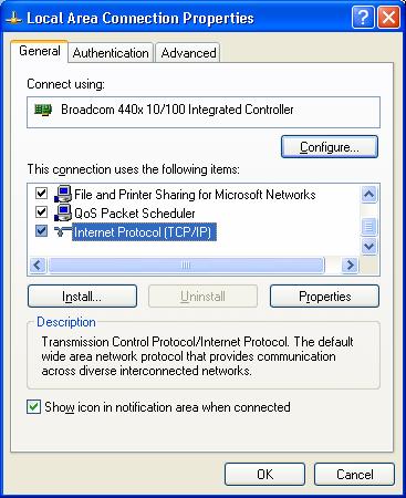 3. Select the Internet Protocol (TCP/IP) for your network card, and then click Properties. 4. In the opened dialog box, choose Use the following IP address 5.
