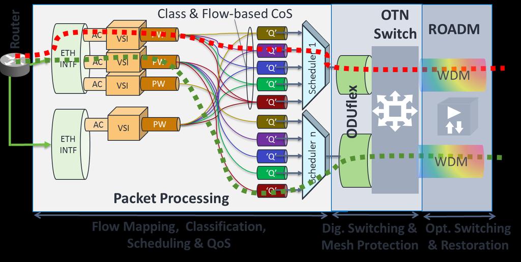 Flexible Packet Transport Services The flexible mapping of packet flows from the router into PWEs and then into ODUflex circuits also gives rise to new point-to-point (P2P), point-to-multipoint