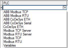A dropdown control appears under the PLC heading, click on this to display the list of available protocols We need to select the ABB Modbus RTU protocol.