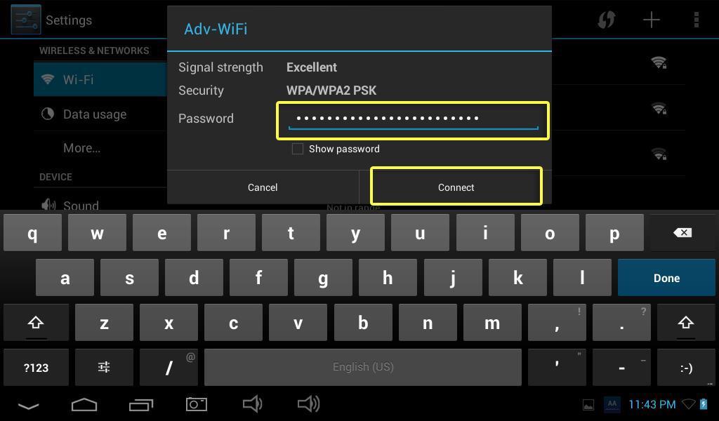 7. After pressing the home Wi-Fi button you will need to enter your home Wi-Fi network password then press CONNECT. 8.