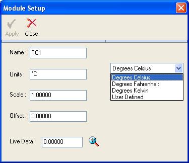 Thermocouple input channel setup The Name and Units can be edited and the temperature range selected using the drop down menu.