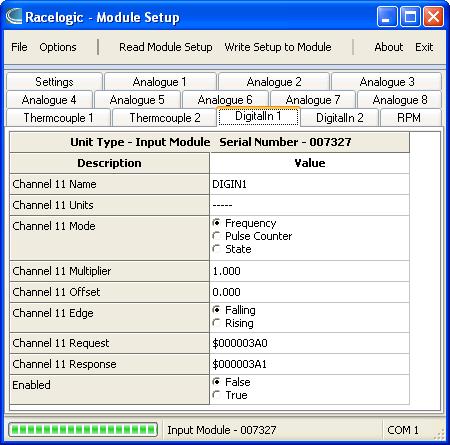 Channel setup parameters Each input channel has a Tab associated for configuring channel specific attributes. The Digital input channels 1 & 2 also include a Mode option.