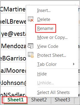 org] Renaming Worksheets We will rename the worksheets to organize the worksheets by months. 1. Right-click the Sheet1 and select rename from the menu. 2. Type in January. 3.