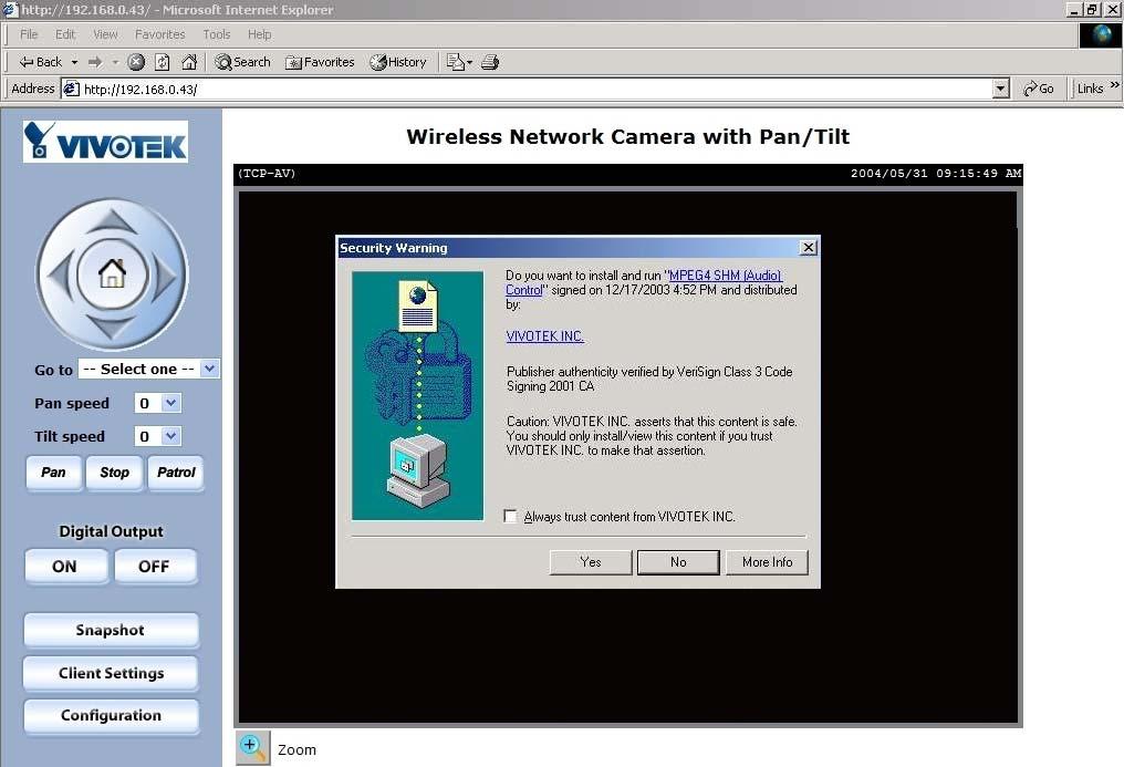 Installing Plug-in For the initial access to the Network Camera in Windows, the web browser may prompt for permission to install a new plug-in for the Network Camera.