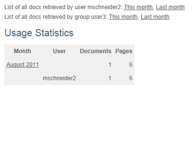Statistics You can keep track of how many documents your company, and each user, has pulled by clicking in the Menu pane. This shows the number of documents, and number of pages pulled for each month.