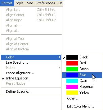 To change the color of the math equations, go to Format > Color and select a color.
