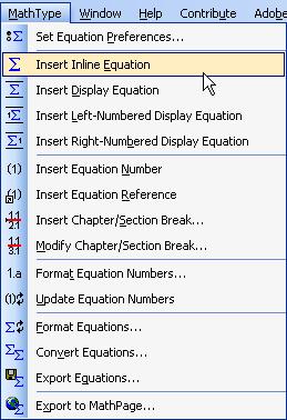 Insert Inline Equation vs. Insert Display Equation When an equation is set as independent lines, use Insert Inline Equation from the MathType menu.