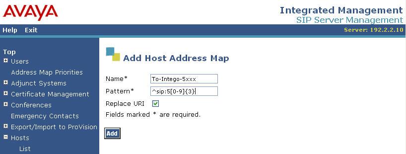 The Add Host Address Map screen is displayed next. This screen is used to specify which calls are to be routed to the Intego Systems ProNet.net Nurse Call System.