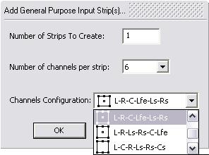 5.0 Mixer : Mixer Pages Add Strip - Mono, Stereo, MS, GPS and Group pops up a dialog with appropriate options: Add General Purpose Input Strip(s) dialog Add Bus - Mono Mix Stereo Mix Surround