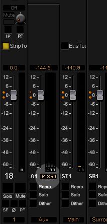5.0 Mixer : Mixer Components Aux Buses In-Place Panning In-Place panning for each Aux bus is turned on with the IP button in Aux Send section(s) of each Input Strip.