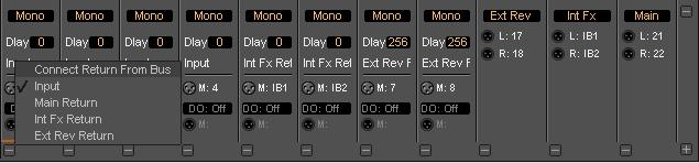 5.0 Mixer : Configuring a Blank or Existing Mixer all the output busses and Input. Input is the default and means the strip is fed from a physical live input and no delay compensation is required.