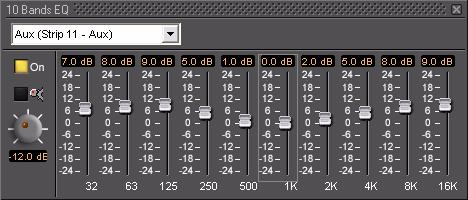 5.0 Effects : 10 Bands EQ All bands are full range. Boost and cut of up to 24dB is available. Q can be set anywhere from 0.2 (wide) to 20 (narrow). This button shows or hides the rotary controls.