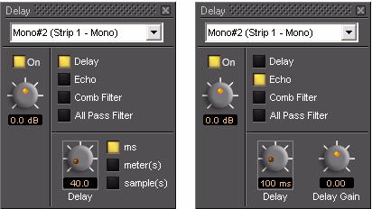 5.0 Effects : Delay Delay The delay Plug-in provides four delay-based effects. Plain-vanilla Delay, Echo, Comb Filter and All Pass Filter. The interface is slightly different when Delay is selected.