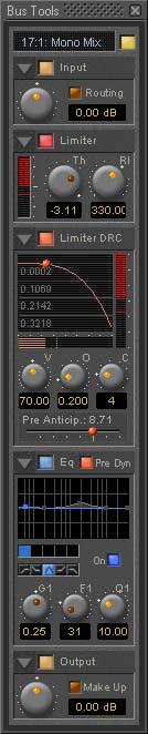 5.0 Strip and Bus Tools : Bus Tools Sections The Input, EQ, and Output sections are almost identical to the ones found in Strip Tools.