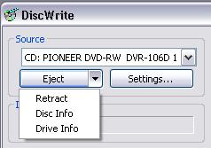 5.0 CD/SACD Mastering : DiscWrite Source - CD Drive When the chosen Source is CD:..., the left-hand button below the Source drop-down list will be Eject and the right-hand one Settings.
