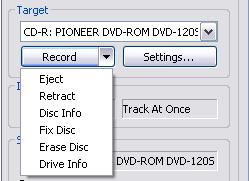 5.0 CD/SACD Mastering : DiscWrite CD-R/CD-RW When a CD-R(RW) is the selected target, the arrow beside the Record button drops-down a list of options:.
