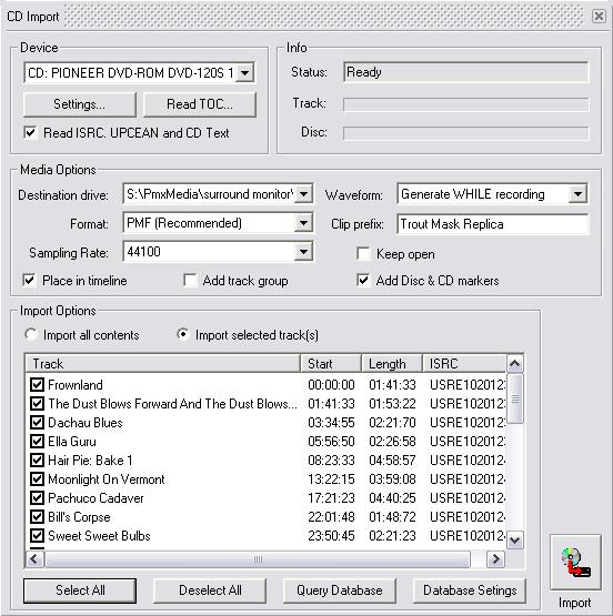 5.0 File and Project Interchange : CD Import CD Import Pyramix has comprehensive CD import functions. Project > Import opens the Interchange Import dialog box.