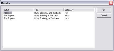 5.0 File and Project Interchange : CD Import Query Database uses an online database to obtain track names and other data about commercial CDs results are shown in a dialog: CD Import Query Database
