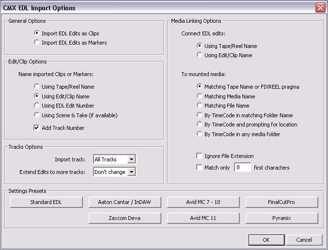 5.0 Conforming and Reconforming : Conforming The CMX EDL Import Options main dialog opens.