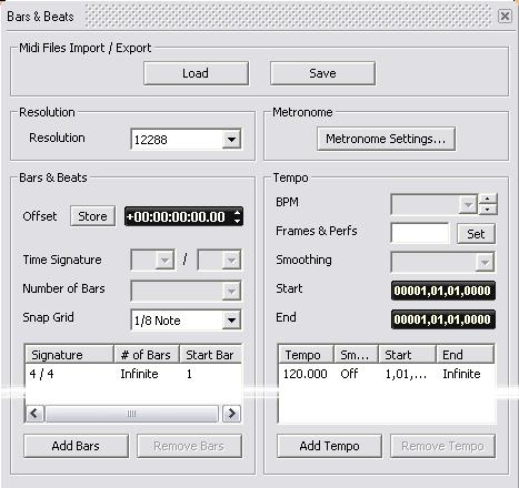 5.0 Applications : Metronome / Click Track Open the Bars & Beats Settings dialog in the same, View > Scales / Toolbars, sub-menu.