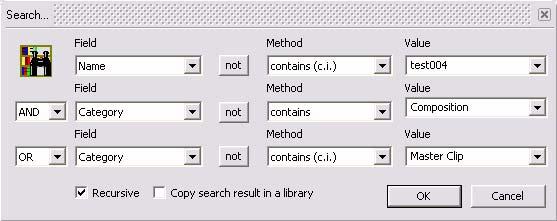 5.0 Media Management : Tools and Menus Search Search Opens the Search dialog Library Search dialog Field Not Method Value This dialog searching for specific entries using filters.