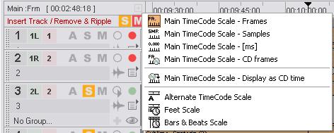5.0 Transport and Navigation : Navigation Navigation Time Scale Bars Pyramix Virtual Studio offers a number of ways of navigating around a Project.