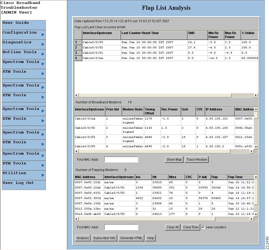 Showing and Configuring the Flap List Analysis Figure 19 Flap List Analysis Details Display Showing the Flap List Analysis Perform the following steps to show a flap list for one or more CMTSs: Step